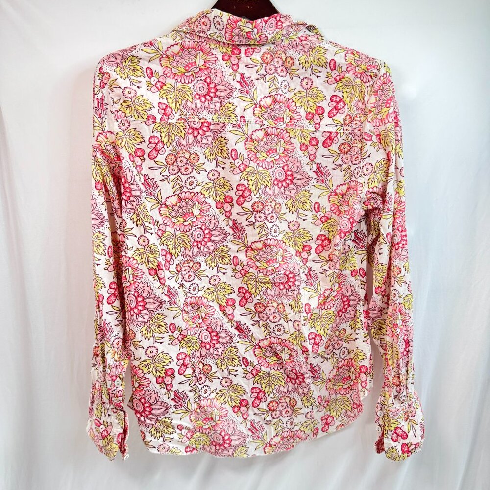 CINO Women’s Floral Button-Up Shirt Medium Pink Yellow 100% Cotton Crinkle Blous - Picture 2 of 4